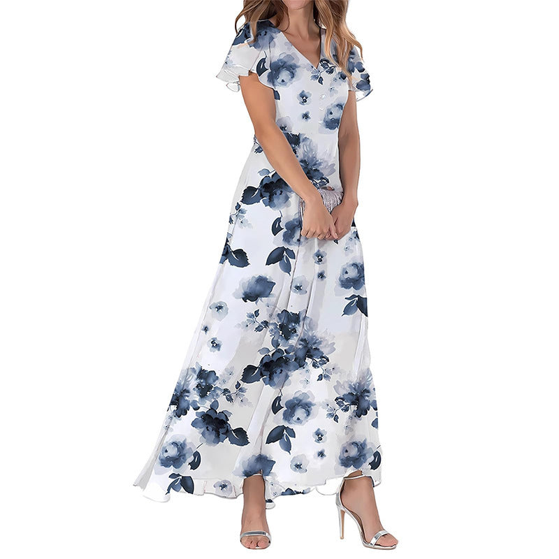 Women's Short Sleeve Printed Chiffon Dress