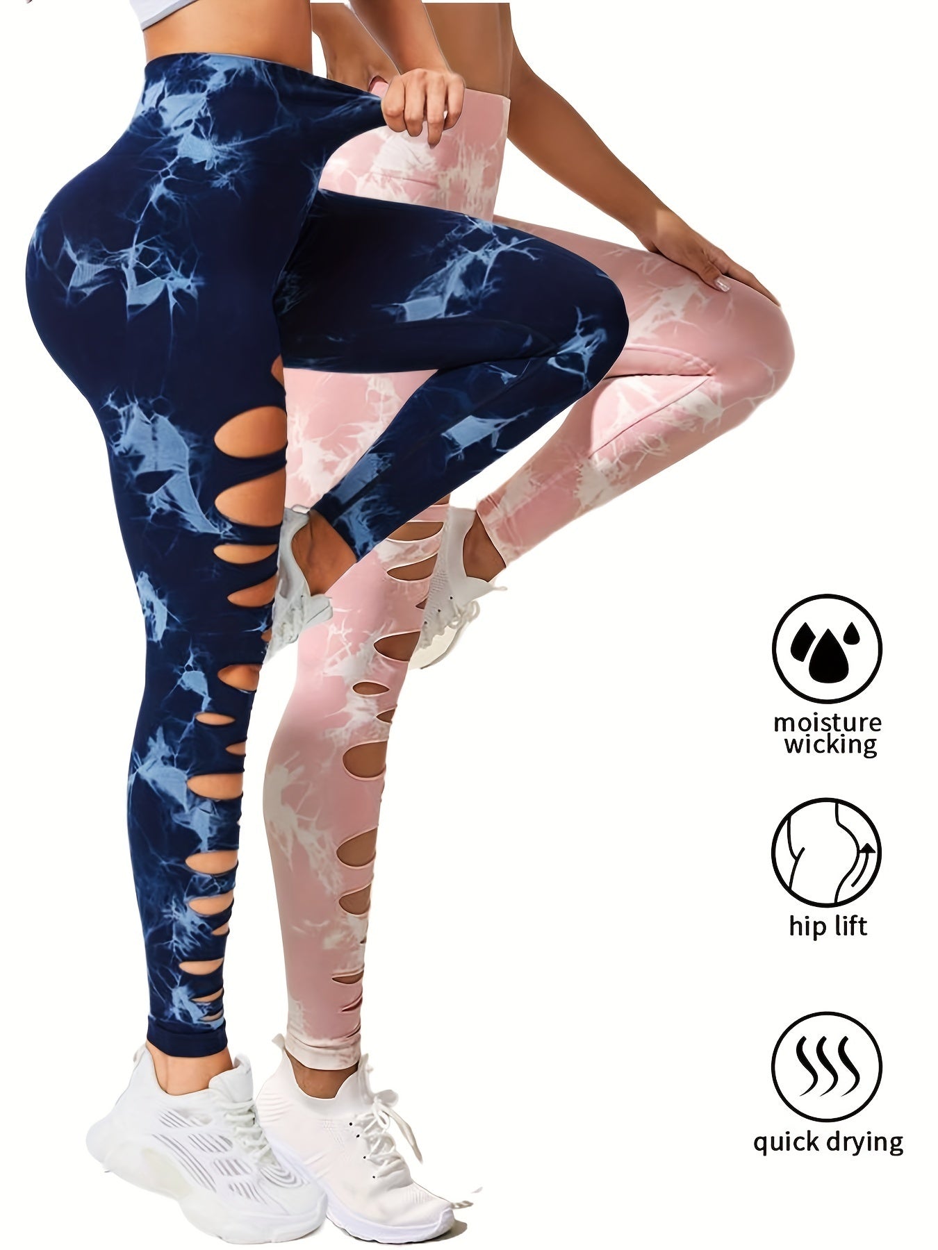 2 Pack Hollow Sexy High Elastic Women's Tie Dye Cutout Tights High Waist Workout Yoga Leggings, Scrunch Butt Lifting Elastic Pants, Tummy Control Butt Lifting Workout Yoga Athletic Pants