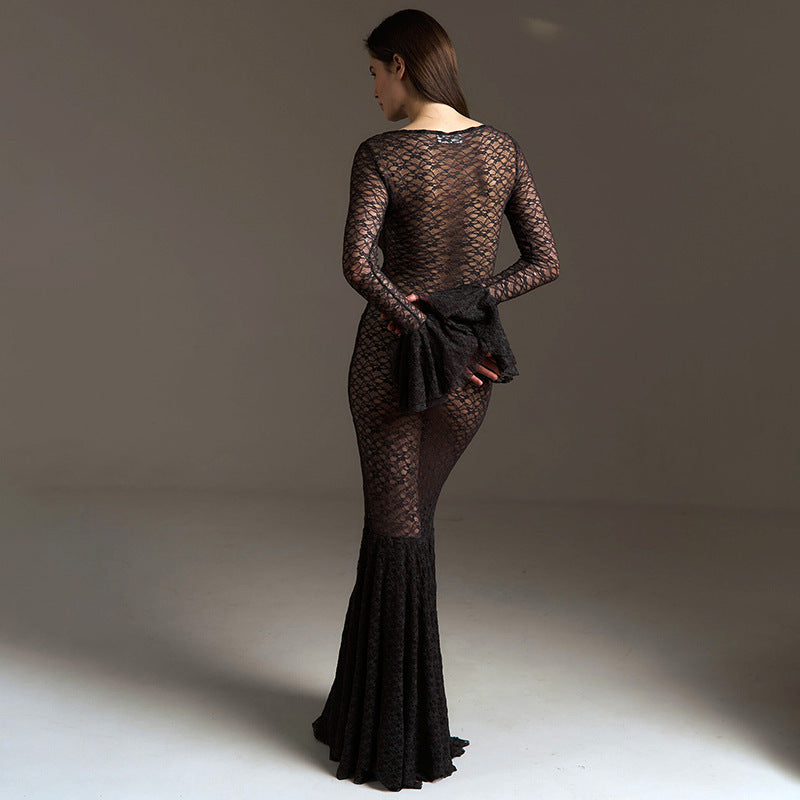 Sexy See-through Lace Round Neck Tight Lace Fishtail Dress