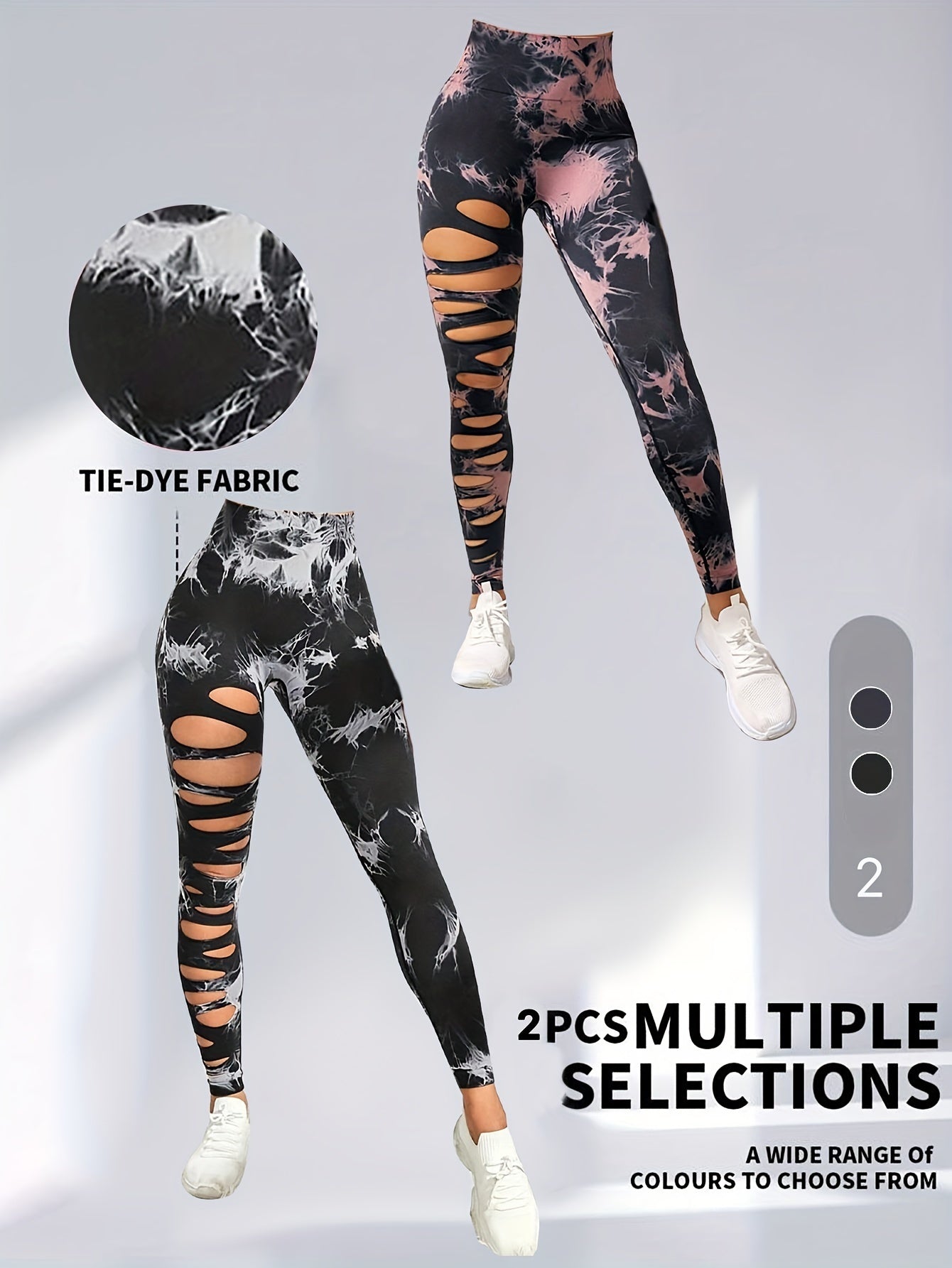 2 Pack Hollow Sexy High Elastic Women's Tie Dye Cutout Tights High Waist Workout Yoga Leggings, Scrunch Butt Lifting Elastic Pants, Tummy Control Butt Lifting Workout Yoga Athletic Pants