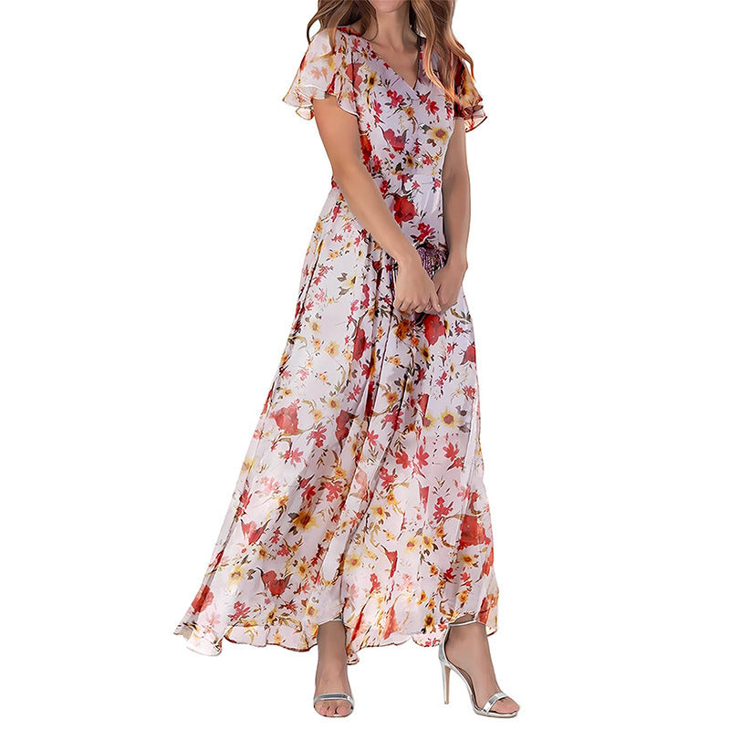 Women's Short Sleeve Printed Chiffon Dress