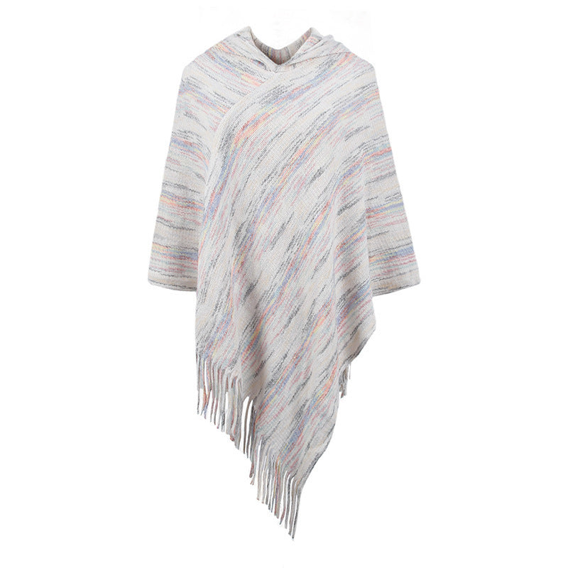 Hooded Striped Tassel Cape And Shawl Women