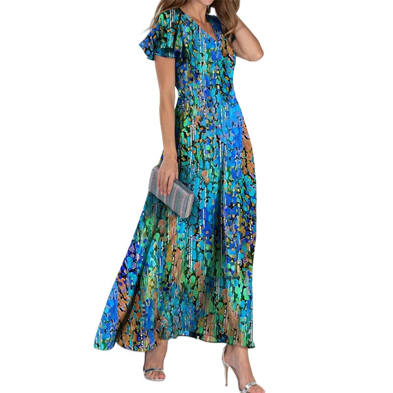 Women's Short Sleeve Printed Chiffon Dress