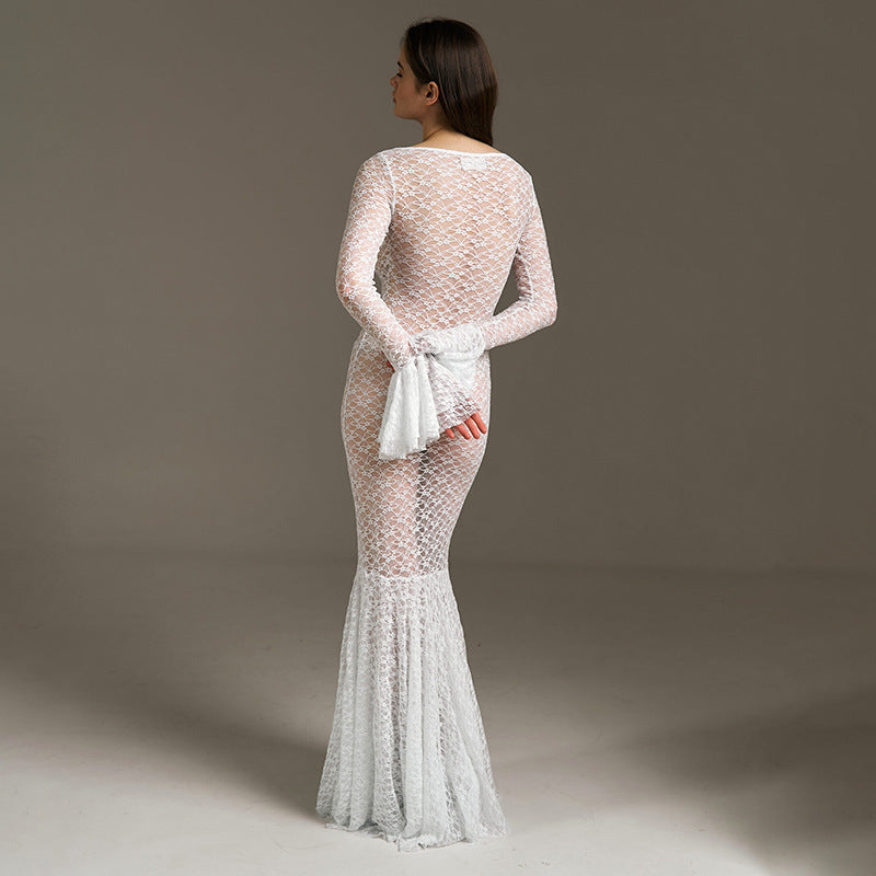 Sexy See-through Lace Round Neck Tight Lace Fishtail Dress