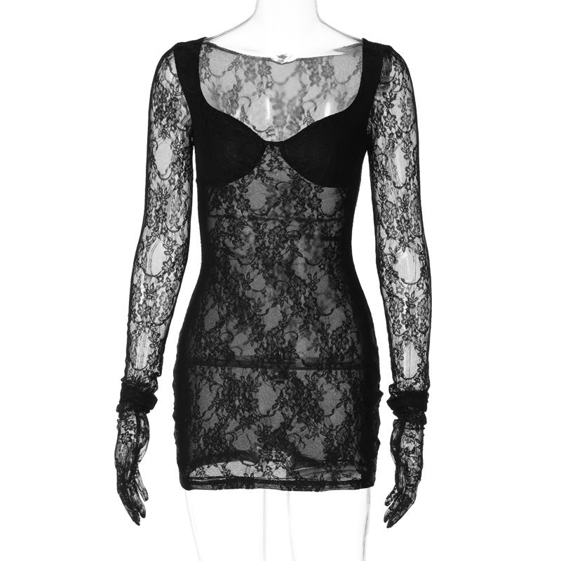 Chest Wrap Long Sleeve Gloves Body Shaping Hip Lace Dress