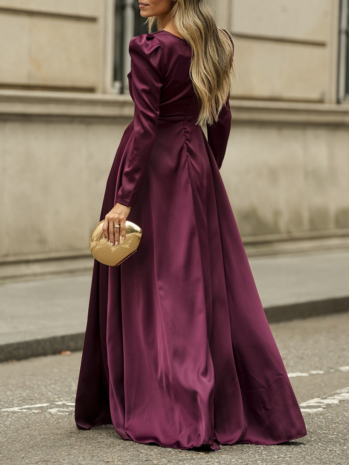 Puff Sleeves V-neck Slit Maxi Dress