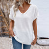 Women's European And American Leisure V-neck Short-sleeved Hollow-out White T-shirt