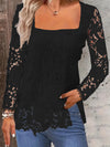 Fashion Long Sleeve Square Neck Tops Women Solid Color Floral Lace Shirt