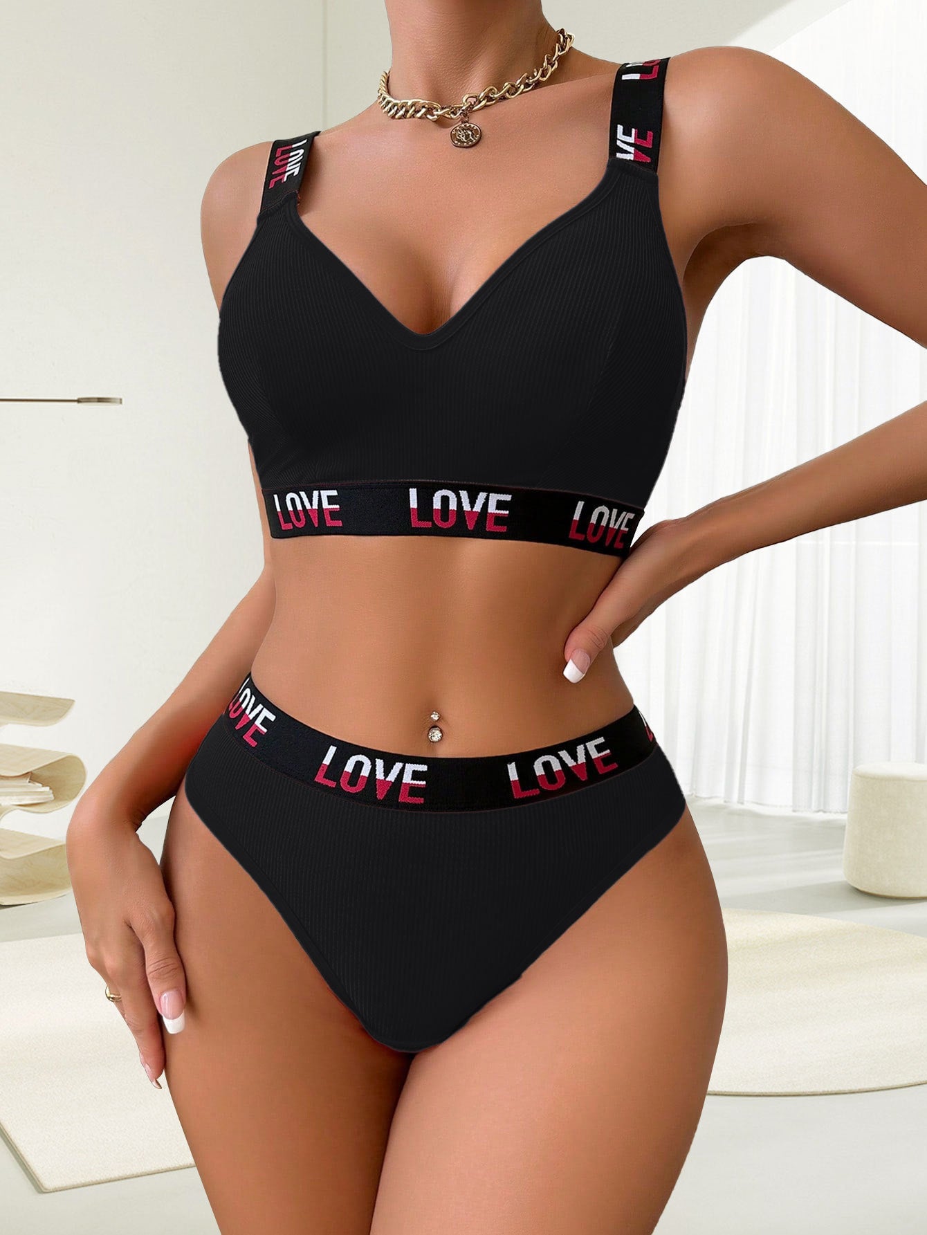 Sports Underwear Deep V T-back Contrast Color Letters