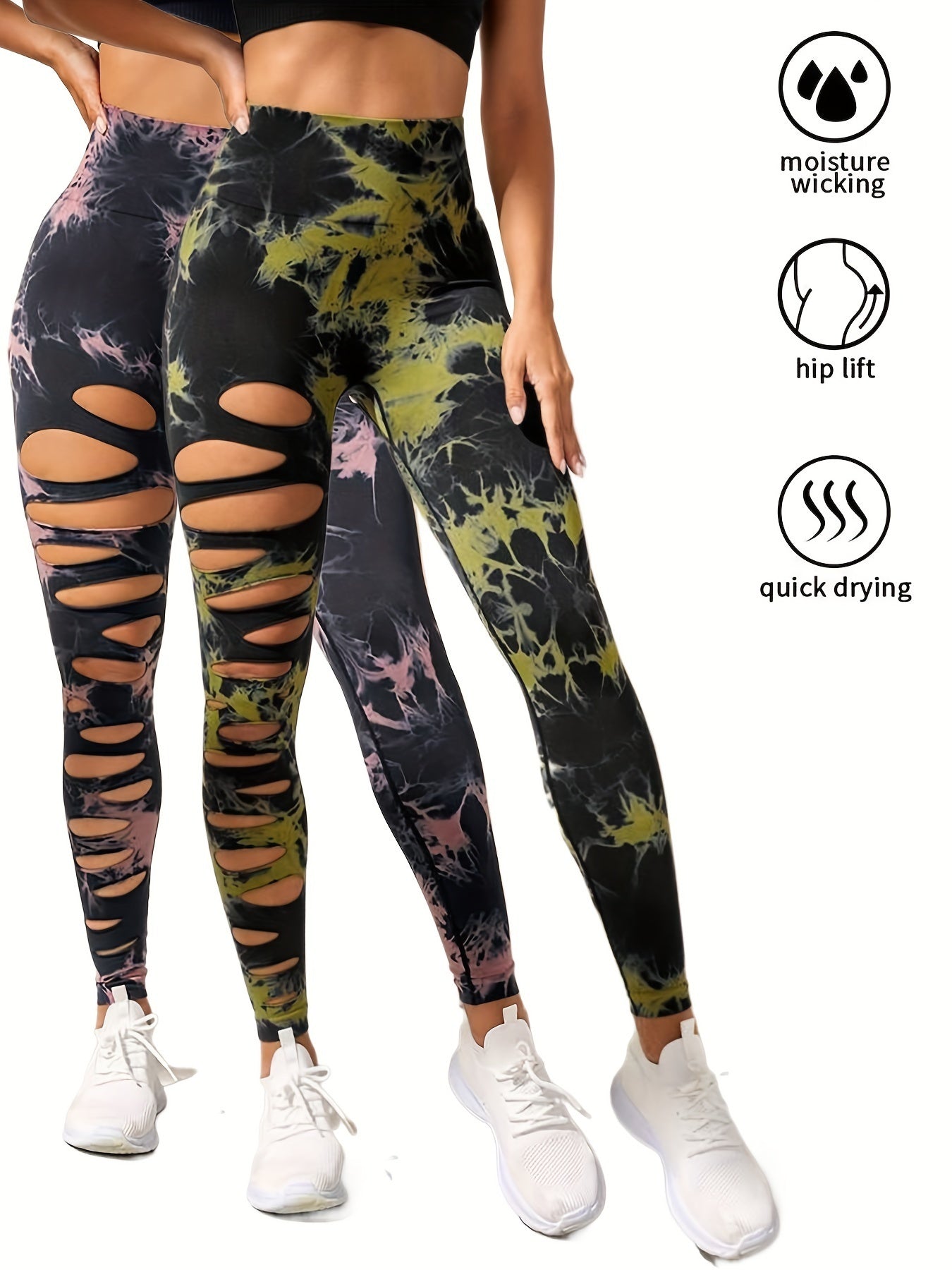 2 Pack Hollow Sexy High Elastic Women's Tie Dye Cutout Tights High Waist Workout Yoga Leggings, Scrunch Butt Lifting Elastic Pants, Tummy Control Butt Lifting Workout Yoga Athletic Pants