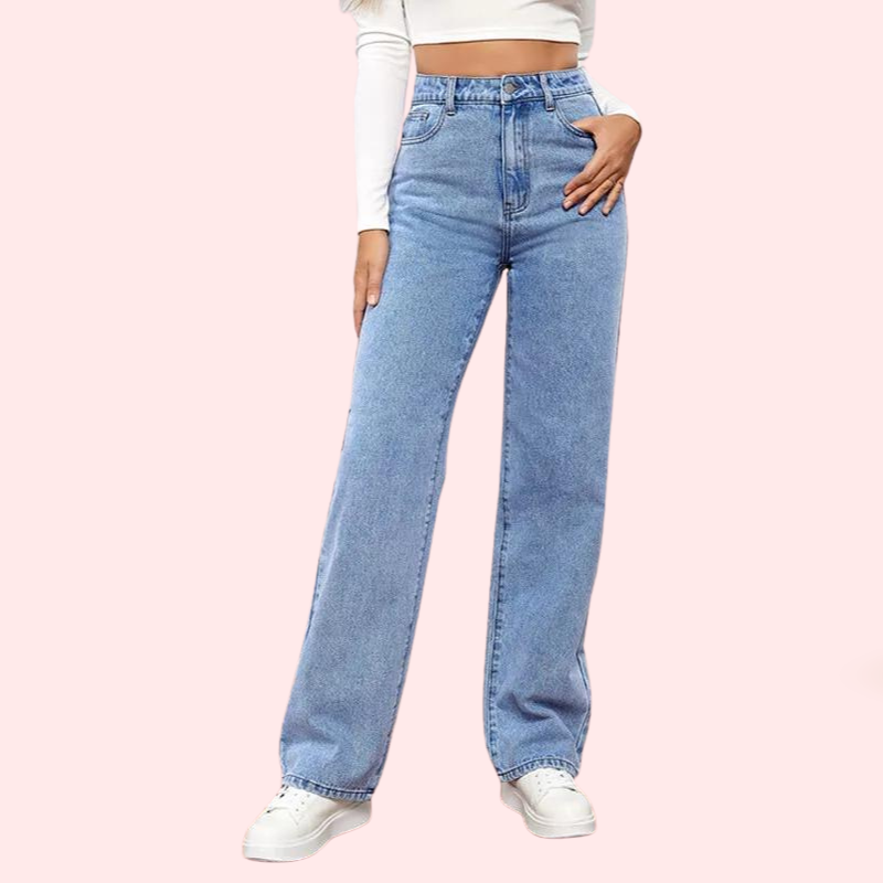 Women's Fashionable Washed High Waist Straight Jeans