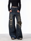 Distressed Camouflage Patch Ripped Jeans Women Loose Straight-leg Wide-leg Pants