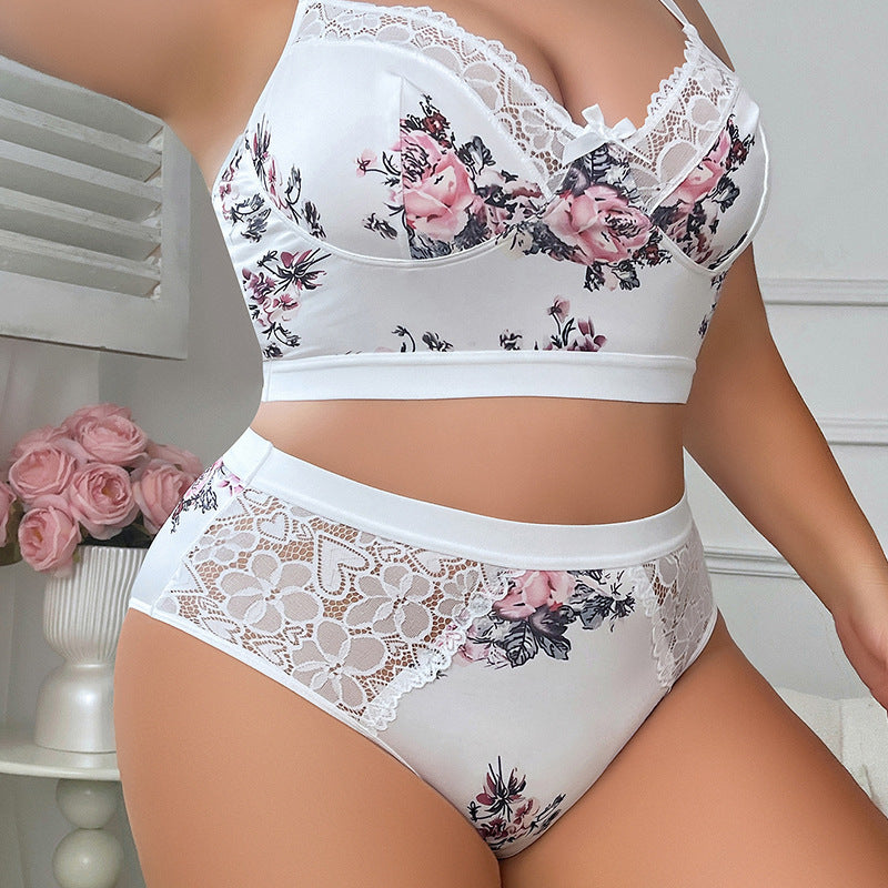 Printed Lace Stitching Pure Desire Slip Plus Size Underwear Suit