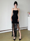 Vacation Style Lace Strap Irregular Sexy Black Dress