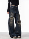 Distressed Camouflage Patch Ripped Jeans Women Loose Straight-leg Wide-leg Pants