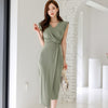 Green Folds Design Irregular Skirt Midi Dress