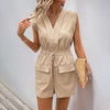 Jumpsuit Tied V-neck Solid Color One-piece Shorts